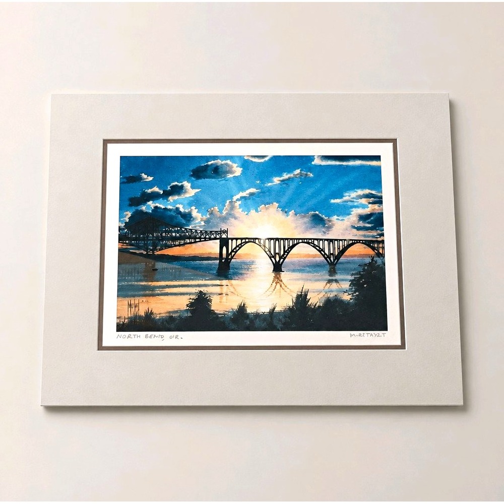 Matted Photographic Print Yaquina Bay Bridge at Sunset Dutch Mostert